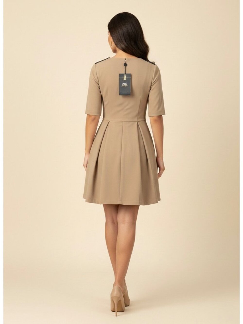 NWT ABS Tan Pleated A-Line Woven Mini Dress 2| Office Siren Dark Equestrian Twee - Picture 9 of 16